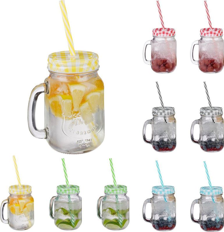 Relaxdays drinkglazen met rietje - set van 10 - sapglazen met deksel - 500 ml - mason jar