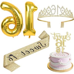 Verjaardagsdecoratieset meisjes - 16e verjaardag kroon en sjerp taartdecoratie - kaarsen en cadeau - feestdecoratie goud - L
