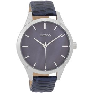 OOZOO Timepieces - Zilverkleurige horloge met donker blauwe leren band - C9721