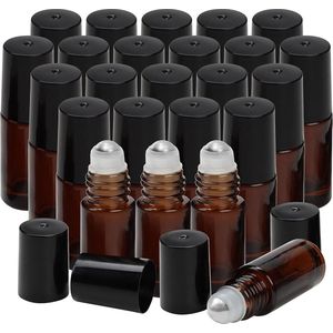 24 Stuks Amberkleurige Glazen Roller Flesjes - Navulbare Rollerflessen 5ml met Roestvrijstalen Balletjes - Voor Etherische Olie Aromatherapie Parfum Geuren Lippenbalsem Olie en Cosmetica .