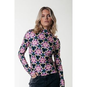 Colourful Rebel Neyo Graphic Flower Peached Turtleneck Top- L