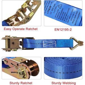 4 x 800 kg 5 m zware ratel riemen met J-haken, verstelbare spanbanden voor bestelwagens, bagage, cargo motorfiets, bewegende apparaten (blauw)