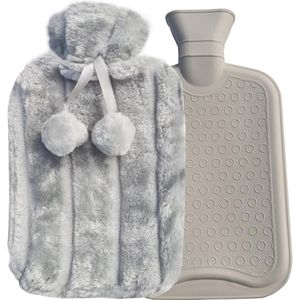 Grote Warmwaterkruik met Zachte Overtrek en Pompons - Ideaal voor Volwassenen en Kinderen (2 L, Grijs)