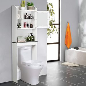Toiletkast vrijstaand, badkamerkast met verstelbare plank en open vakken, toiletrek met glazen deur en marmeren plaat, wasmachinekast, hoge kast, wit, 59 x 19 x 173 cm