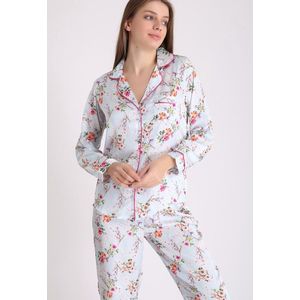 Satijn Dames Pyjama- Luxe Pyjamaset- Lingerie- Sexy- Nachtkleding met Bloemenprint Blauw Maat S
