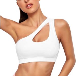 FLEXCHIC Dames Off Shoulder Bra - Push-Up - Stijlvol & Stevig - Fitness BH - Schokbestendige Sport-Bh - Elegant & Sexy - Eén Schouder Design - Wit - Maat S