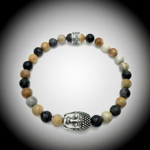 Natuursteen Armband met 925 Sterling Zilver Buddha / Boedha Bedel van 13 gram Zilver , Handgemaakte Edelsteen Kralenarmband met 8mm (Picasso Jaspis) kralen .