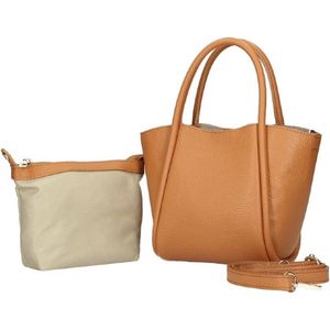 Cognac Leren Handtas Chique - Bag In Bag Tas - Extra Binnentas - Handtassen Leder - Leer - Cognac