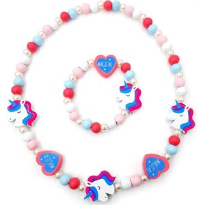 Kinderketting en armband voor meisjes houten kraaltjes roze en blauw unicorn en hartjes