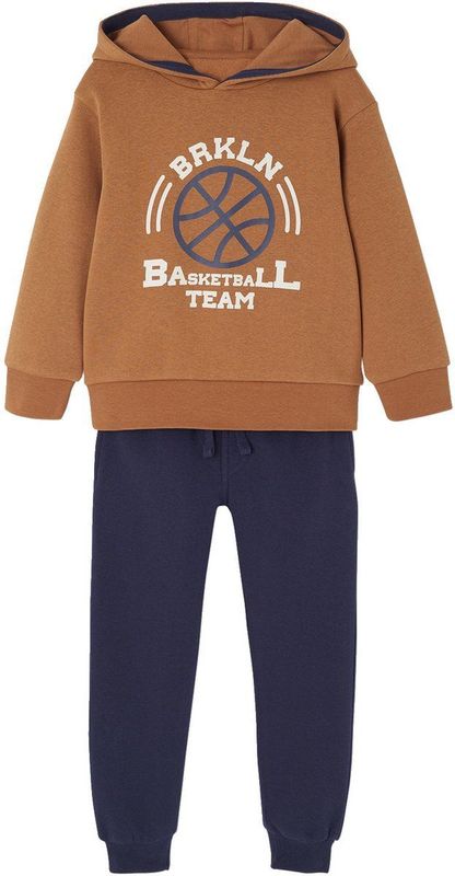 Sportieve set voor jongens met sweater met capuchon en print + effen joggingbroek karamel