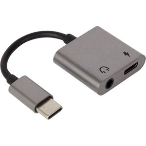 S&C - 2 IN 1 USB-C (Type-C) Male naar USB C + AUX 3.5MM female Adapter Splitter kabel lader oplader tussenkopje tussenstukje smartphone samsung galaxy| zilver | grijs | Premium Kwaliteit