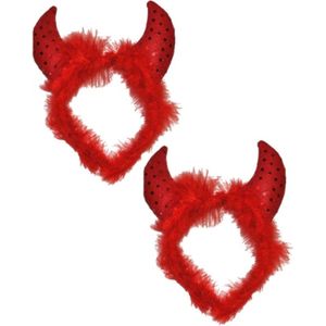 2x stuks duivel diadeem haarband met veren en pailletten - Carnaval/verkleed/vrijgezellenfeest