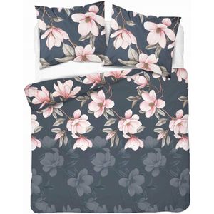 Flanellen Dekbedovertrek 160x200 Magnoliabloemen op Antraciet - Pastelbloemen