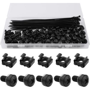 30pcs M6x16 Rack Mount Cage Nuts en Schroeven - 50pcs Kabelbinders - Roestvrijstalen Montagebeugels - Vierkante Moeren - Accessoires voor Server Rack Cabinet Router Planken (Zwart)