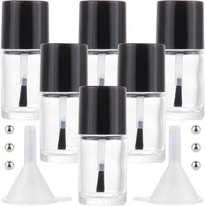 Contetn in - 6 stuks cilindrische doorzichtige lege nagellakflessen - 15 ml - doe-het-zelf vingernagelflessen - hervulbare transparante glazen fles - met borstel en plastic trechter - roestvrijstalen kralen - voor nagellak .
