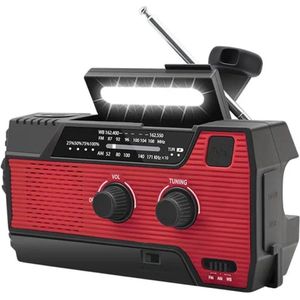 Noodradio Solar Opwindbaar en Batterij - Noodpakket - Draagbare Survival Radio - 4000 mAh - Powerbank Zonneenergie - Bouwradio - Zaklamp – Rood