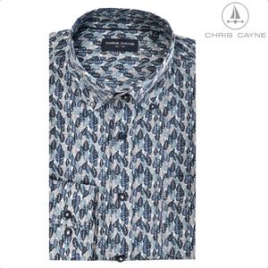 Chris Cayne overhemd lange mouw - maat M - blouse 1233 - navy/groen print - met borstzak