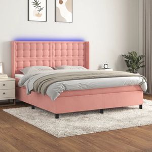 The Living Store Boxspring bed - Roze fluweel - 203x163x118/128 cm - Met verstelbaar hoofdbord - LED-verlichting - Pocketvering matras - Huidvriendelijk topmatras