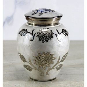 Elegante metalen urn voor as, weckpot aandenken, 15 cm, wit gebloemd