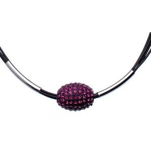Behave Zwarte ketting met paarse hanger en steentjes