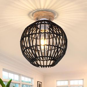 Delaveek-E27 Vintage Plafondlamp - Bamboe Geweven - Zwart - Ontworpen voor Eetkamer, Slaapkamer, Woonkamer, Café
