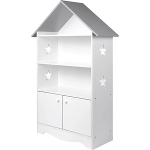 J&R Kinderboekenkast - Huis Boekenplank - Met deuren - Opbergrek - Kinderboeken - Boekenkast kind - Spelletjes en Speelgoed kast - Organizer - Wit