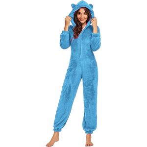 Pluche pyjama voor dames - Warme body met capuchon en rits - Prachtig effen winter pluche body met rits, lange mouwen en zachte capuchon - Pluche pyjama - Dikke en warme loungewear pluche pyjama - Blauw - Maat S