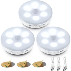 (3 stuks) Binnenlamp met bewegingssensor, oplaadbare USB-nachtlamp, LED-kastlamp met magnetische stick voor kast, trap, gang, keuken, garage (wit licht)