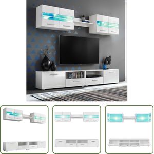 The Living Store Wandmeubelset - Hoogglans wit - 2x wandkast 70x30x40cm - 2x tv-kast 100x30x34cm - 1x wandplank 60x17x17cm - LED-verlichting