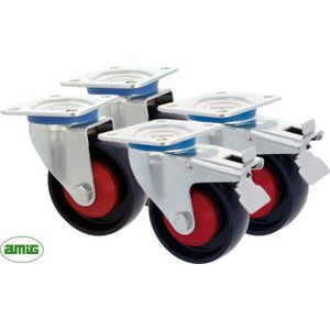 AMIG - 4 Professionele Nylon Transportwielen Ø100mm - Kogelgelagerd Zwenkwielen - met Rem / zonder Rem – 500-750KG Draagvermogen