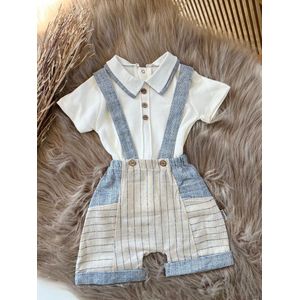 gestreepte salopette van spijkerstof en witte t-shirt voor babyjongens-korte tuinbroek-luxe kraamcadeau -geschenkset -babyshower- 2 delige babyset - 3 tem 6 maanden maat 62