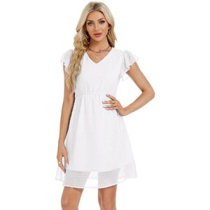 Zomerjurken voor dames, geplooide mouwen, V-halsjurk, casual swing, elastische taille, knielange strandjurk Wit XXL