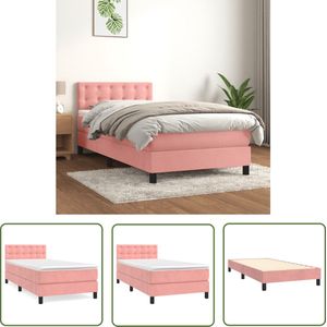 The Living Store Boxspring met matras fluweel roze 90x200 cm - Boxspringbed - Fluweel Bed - Roze Bed - Verstelbare Hoofdbord - Pocketveer Matras