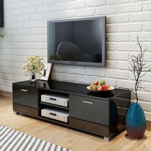 The Living Store TV-meubel hoogglans zwart 140x40.3x34.7cm - bewerkt hout en MDF - inclusief 2 schappen en 2 vakken met deuren