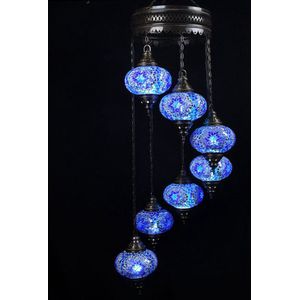 Turkse Lamp Hanglamp Mozaïek Marokkaanse Oosters Handgemaakt Kroonluchter Blauw 7 bollen