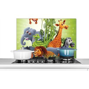 Spatscherm Keuken - Kookplaat Achterwand - Spatwand Fornuis - 80x55 cm - Illustratie - Jungle dieren - Kleuren - Jongens - Meisjes - Baby - Olifant - Giraf - Aluminium - Wanddecoratie - Muurbeschermer - Hittebestendig