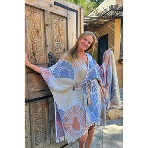 ZusenZomer ALYA - Kimono sauna dames badjas - 100% katoen - Fairtrade - uniek model badjas - Blauw Rood