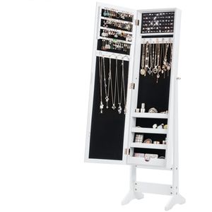 COSTWAY - Sieradenkast - Vrijstaand - Met Spiegel - 64 Oorbelgaten - 20 Kettinghaken - 72 Ringgaten - 4 Planken voor Make-up