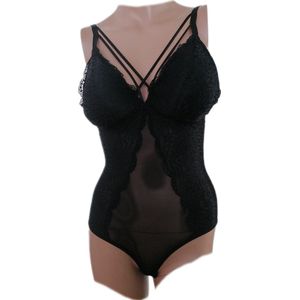 Dames - Bodystocking - Lingerie - Met Kant en doorzichtig Lijfje - Corrigerend - Kleur Zwart - Maat 34-36 - Cadeau - Kerst