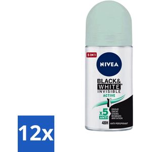 Nivea - Deodorant - Roller - Black & White Invisible - Active - 50 ml - Voordeelverpakking - 12 stuks