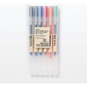 Muji Gelpennen 0.5mm Set met 6 Kleuren: Zwart, Blauw-Zwart, Blauw, Rood, Oranje en Groen