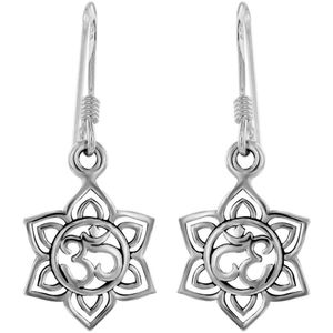 Zilveren oorbellen | Hangers | Zilveren oorhangers, opengewerkte bloem met Ohm teken