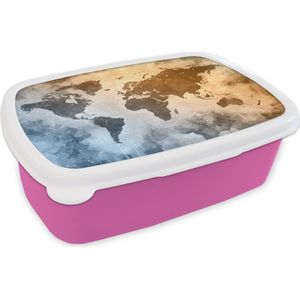 Broodtrommel Roze - Lunchbox - Brooddoos - Wereldkaart - Abstract - Kleuren - 18x12x6 cm - Kinderen - Meisje