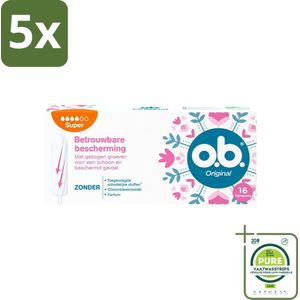 5 x o.b. Tampons - Original Super - Gebogen Groeven - Voor Betrouwbare Bescherming - 16 Tampons - Grootverpakking - Menstruatieschijfjes - Tampons - O.b. - Super - Gebogen Groeven