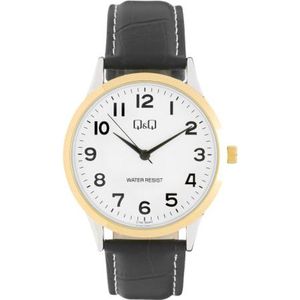 Q&Q C14A-500PY - Horloge - Analoog - Heren - Mannen - Leren band - Rond - Staal - Zwart - Zilverkleurig - Goudkleurig