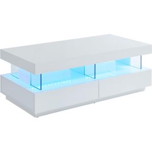 Salontafel FABIO - Wit gelakt MDF - LEDs - 2 lades en 2 nissen L 120 cm x H 42 cm x D 60 cm