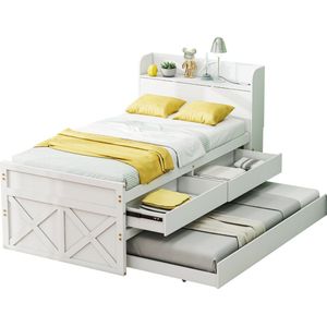 Merax Eenpersoonsbed met Extra Uitschuifbaar Bed - 90x190 - Kinderbed met Opbergruimte - Wit