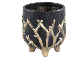 PTMD Quin Black Ceramic Pot Gold Branches Base Low S