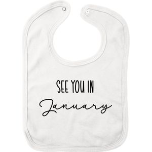 Slabbetje baby - See you in January - Wit - Zwangerschap aankondiging - Geboorte - Newborn - Familie uitbreiding - Pregnant - Pregnancy announcement - Baby aankondiging - Slab
