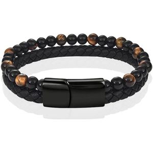 Memphis - Heren Armband - Zwart Bruin - Leer Natuurstenen Kralen